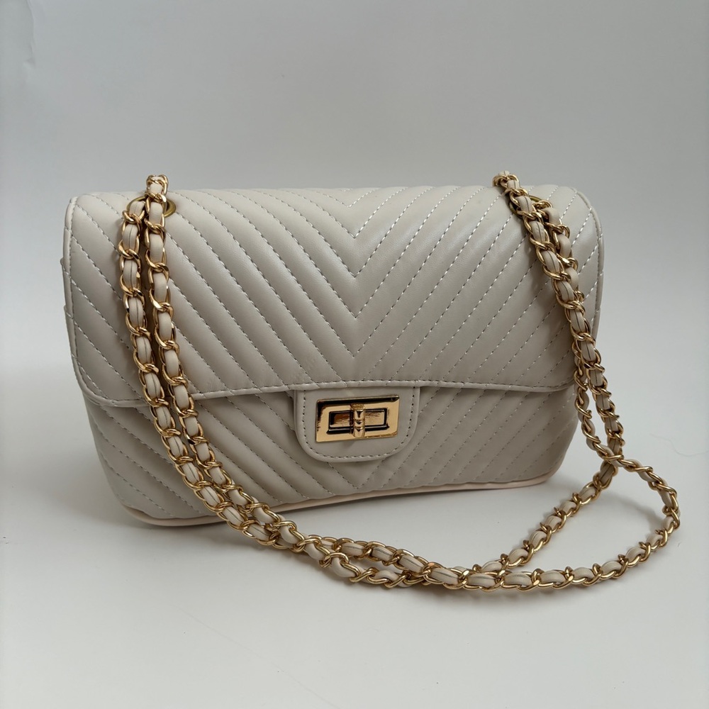 Shoulder Bag Flap Quilted Chevron Handbag Cream Gold